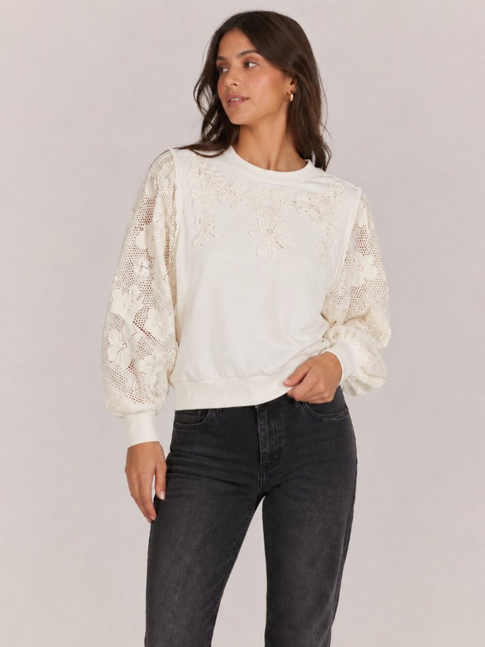 Anthro White Floral Appliqué Mesh Sleeve Pullover Top Boho Romantic Cream Sz S